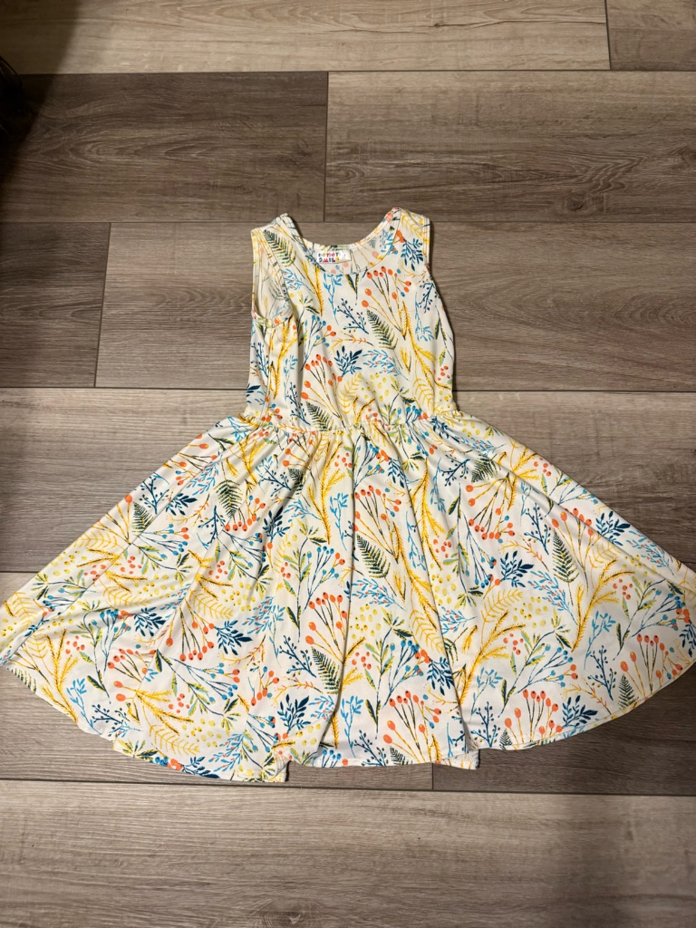 Dot Dot Smile White Floral Dress with Yellow, Blue, and Orange Accents